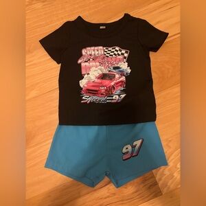 Black Racing Graphic Tee and Blue Shorts Set 9-12 months